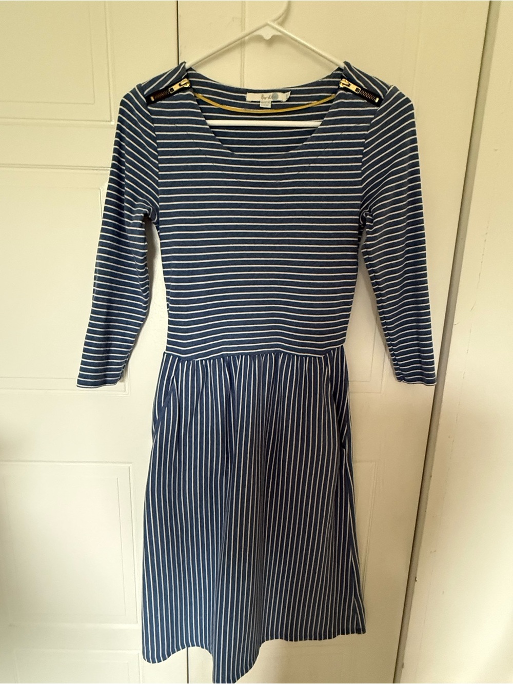 Boden Blue & White Striped 3/4 sleeve Fit-and-Flare Dress with pockets size 4L